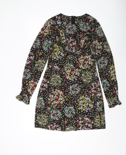 Topshop Womens Black Floral Polyester Sheath Size 10 Round Neck Zip