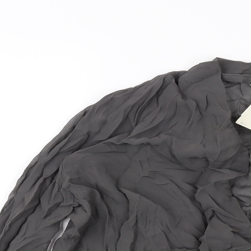 Close-up detail of Net women’s grey viscose basic blouse, size UK 10, v-neck