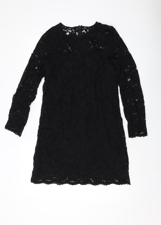 H&M Womens Black Polyester A-Line Size 8 Round Neck Zip