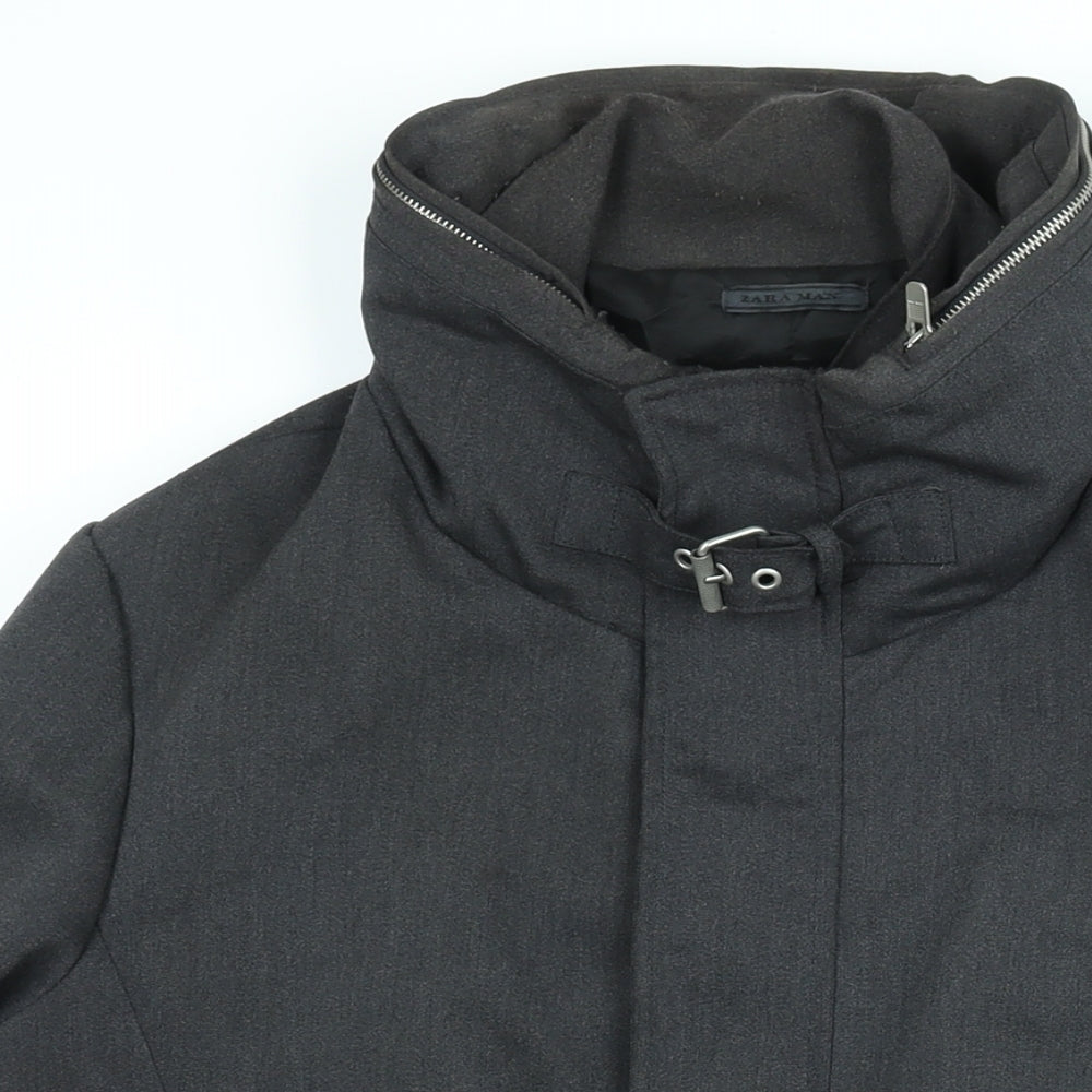 Zara Mens Grey Pea Coat Coat Size L Zip - Buckle Detail