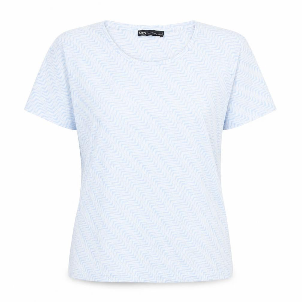Marks & Spencer Womens Blue Geometric Polyester Basic T-Shirt Size 12 Round Neck
