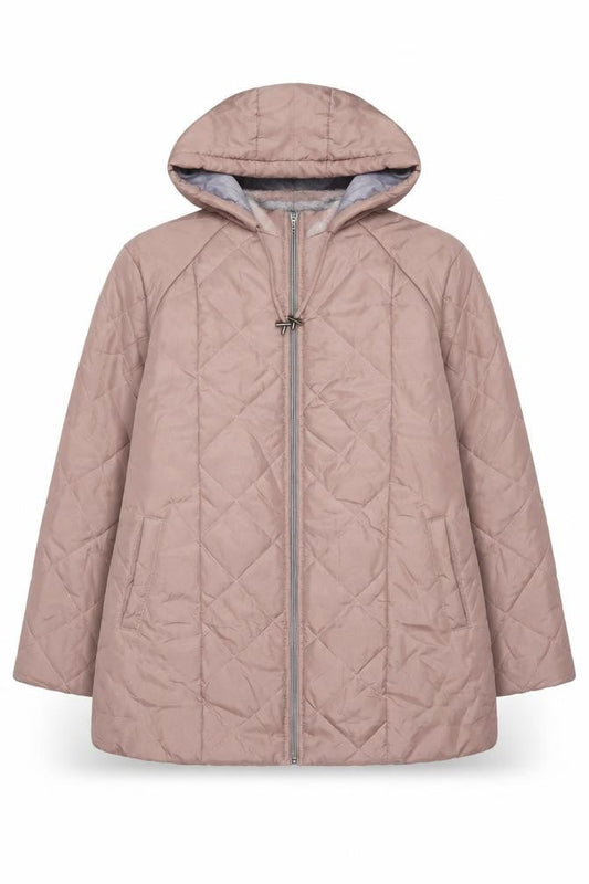 Front view of Anne De Lancay women’s pink jacket coat, size L, zip
