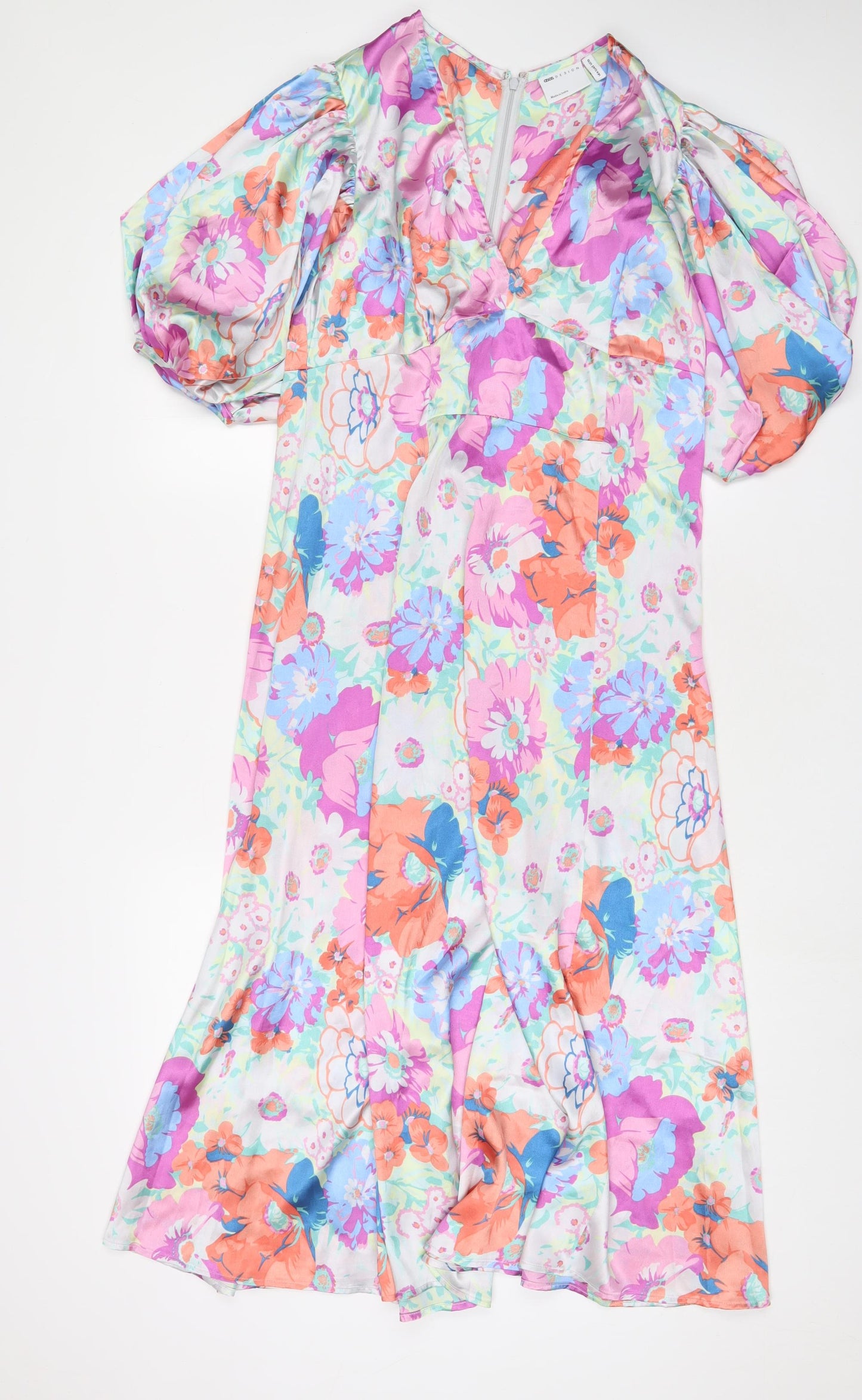 ASOS Womens Multicoloured Floral Polyester A-Line Size 14 V-Neck Zip