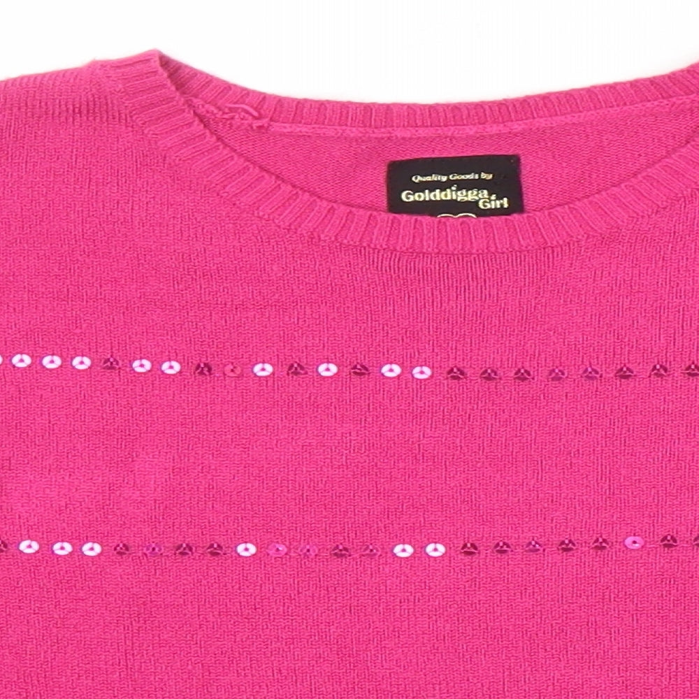 Golddigga Girls Pink Round Neck Acrylic Pullover Jumper Size 13 Years - Sequined detail