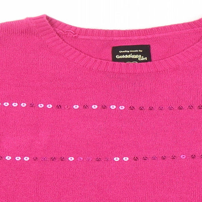 Golddigga Girls Pink Round Neck Acrylic Pullover Jumper Size 13 Years - Sequined detail