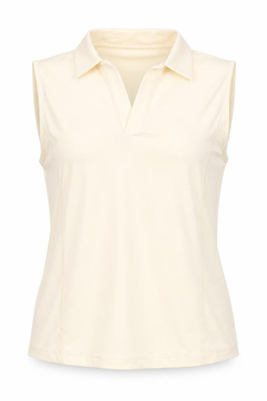 Front view of ASOS women’s ivory polyester basic t-shirt, size M, collared
