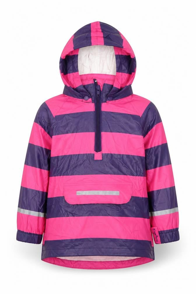 Front view of Playshoes girls’ pink striped rain coat coat, size S