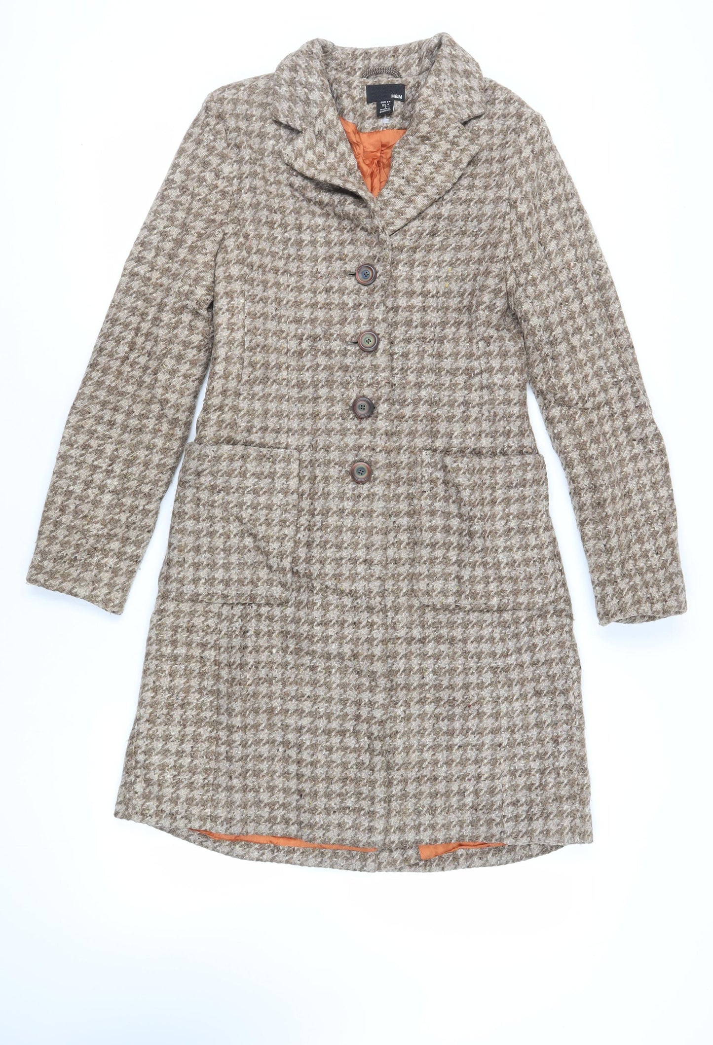 H&M Womens Beige Geometric Overcoat Coat Size 6 Button