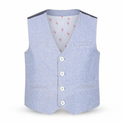 Front view of Next boys’ blue jacket waistcoat, size 5, years button