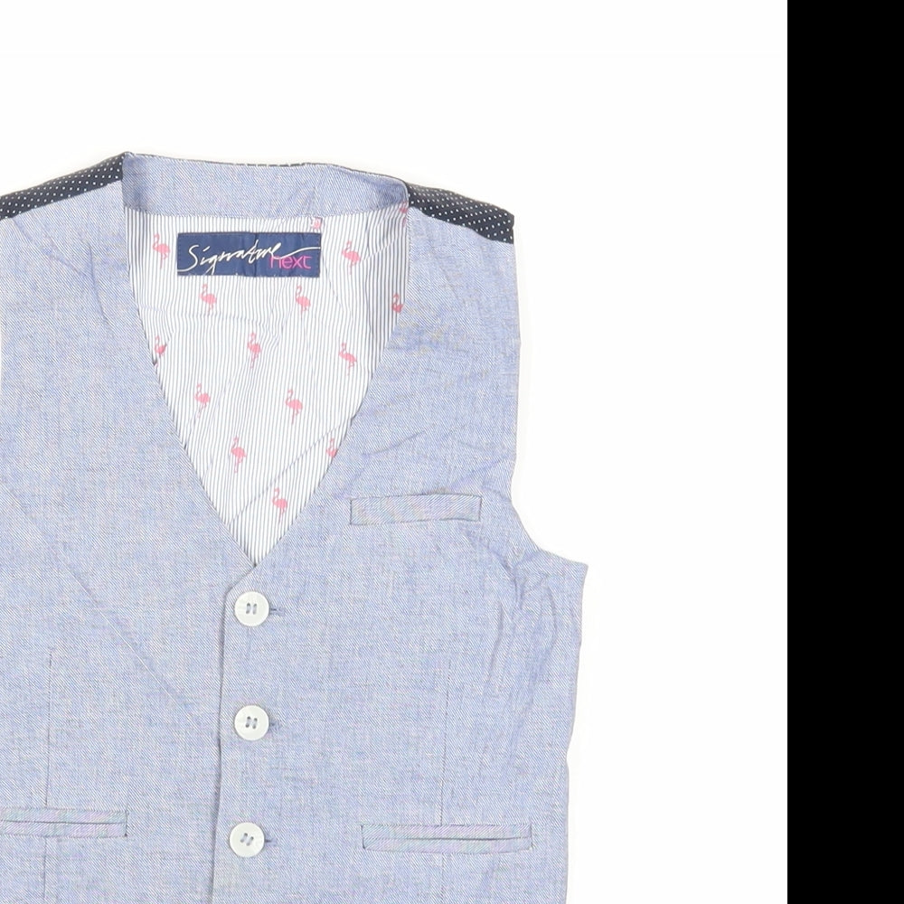 Close-up detail of Next boys’ blue jacket waistcoat, size 5, years button