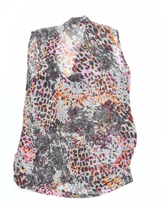 Miss Selfridge Womens Multicoloured Animal Print Polyester Basic Button-Up Size 10 V-Neck - Sheer