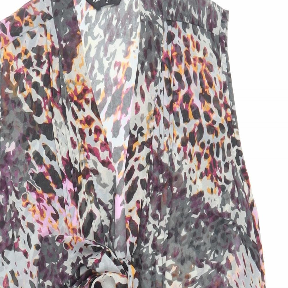 Miss Selfridge Womens Multicoloured Animal Print Polyester Basic Button-Up Size 10 V-Neck - Sheer