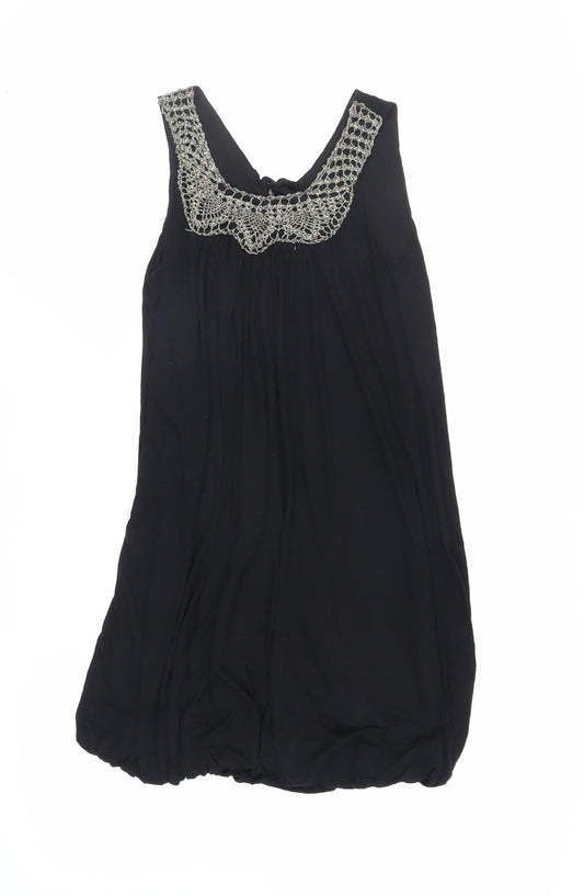 Miss Selfridge Womens Black Viscose Mini Size 8 Scoop Neck Tie - Bubble Hem