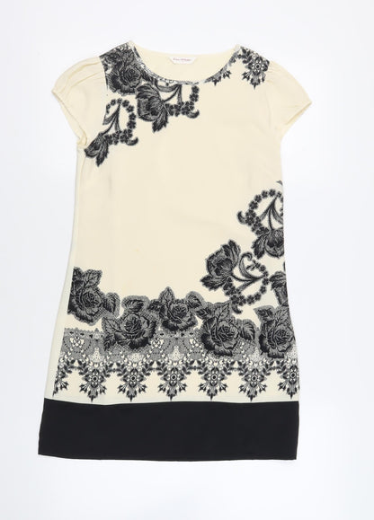 Miss Selfridge Womens Ivory Floral Polyester Shift Size 6 Round Neck Zip