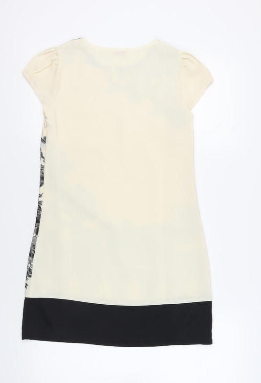 Miss Selfridge Womens Ivory Floral Polyester Shift Size 6 Round Neck Zip