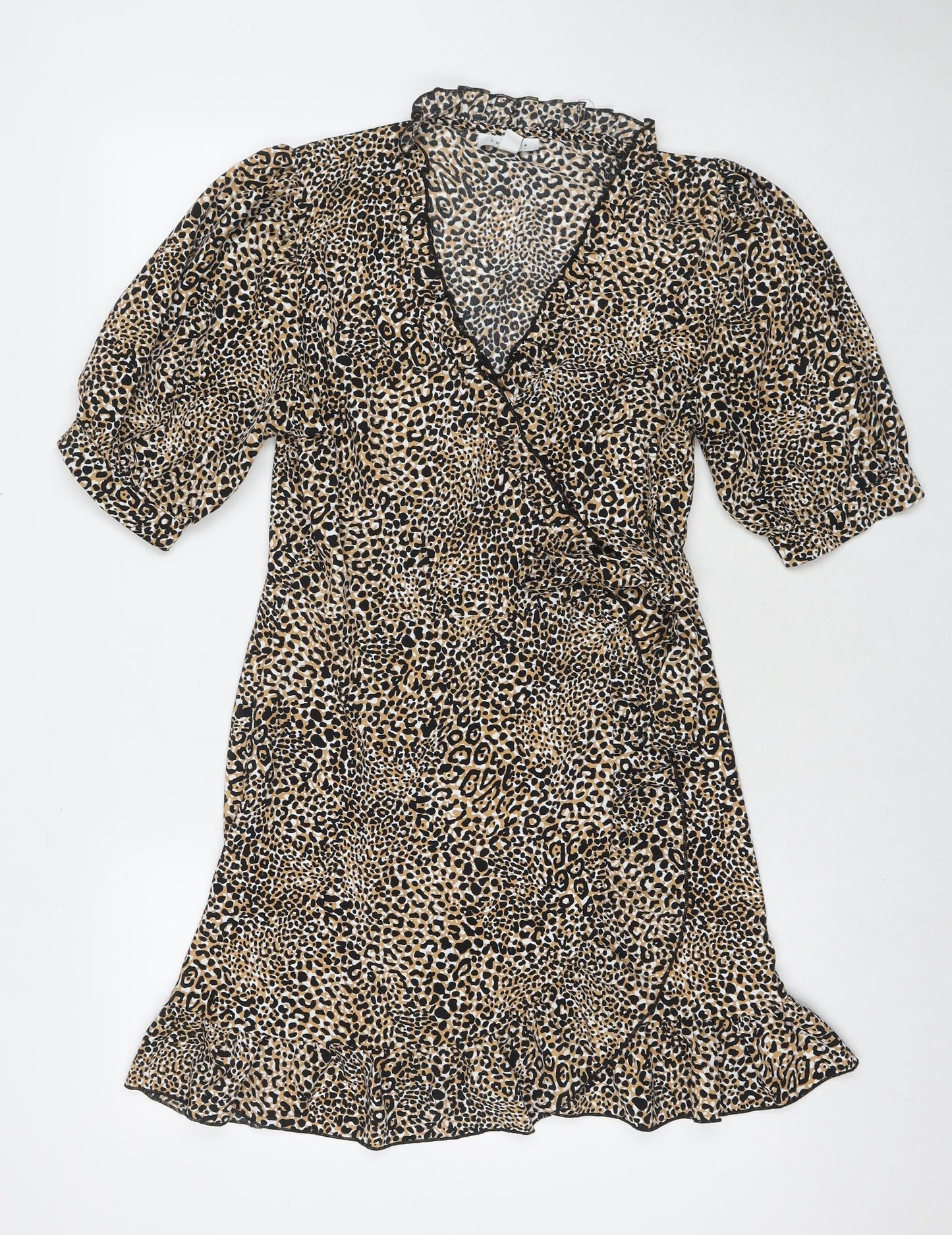 Topshop Womens Brown Animal Print Polyester Wrap Dress Size 12 V-Neck Tie