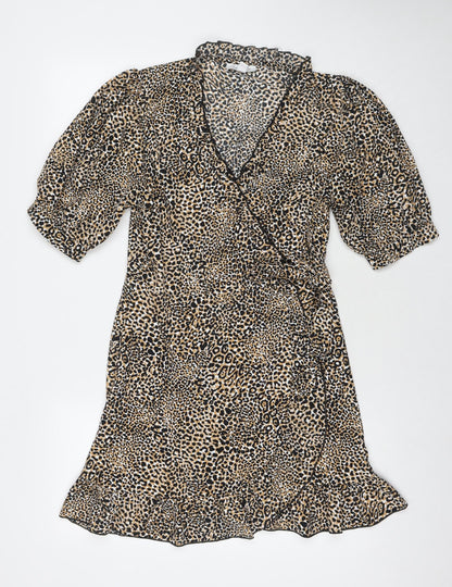 Topshop Womens Brown Animal Print Polyester Wrap Dress Size 12 V-Neck Tie