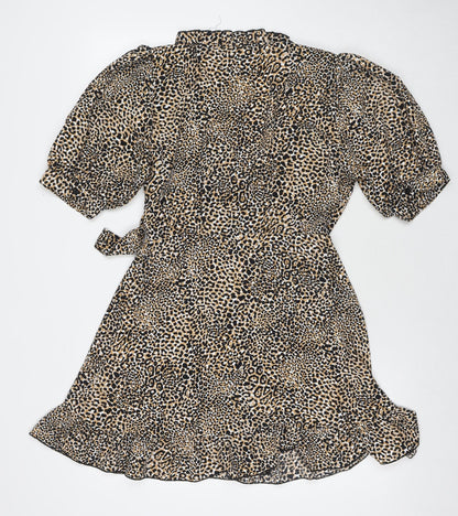 Topshop Womens Brown Animal Print Polyester Wrap Dress Size 12 V-Neck Tie