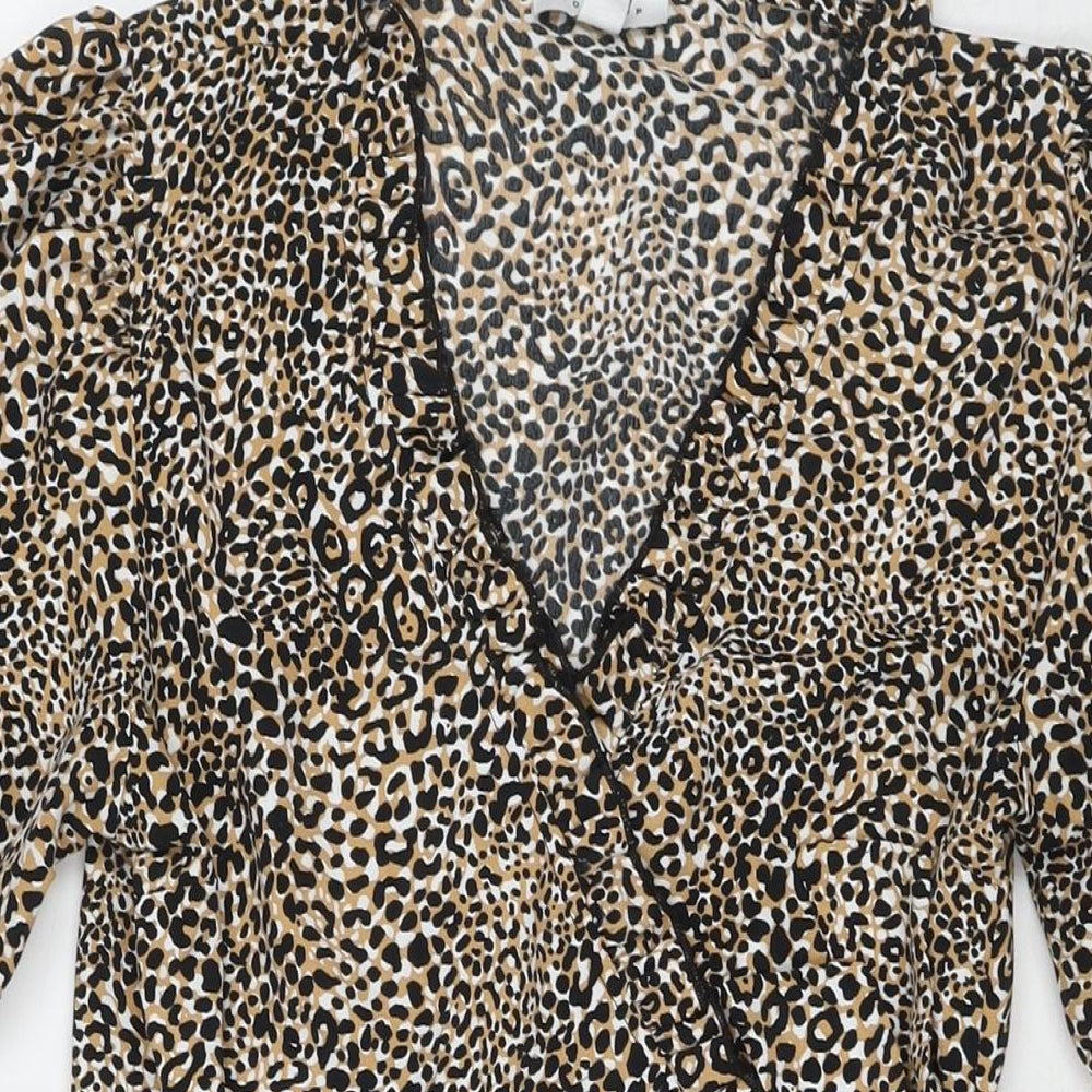 Topshop Womens Brown Animal Print Polyester Wrap Dress Size 12 V-Neck Tie