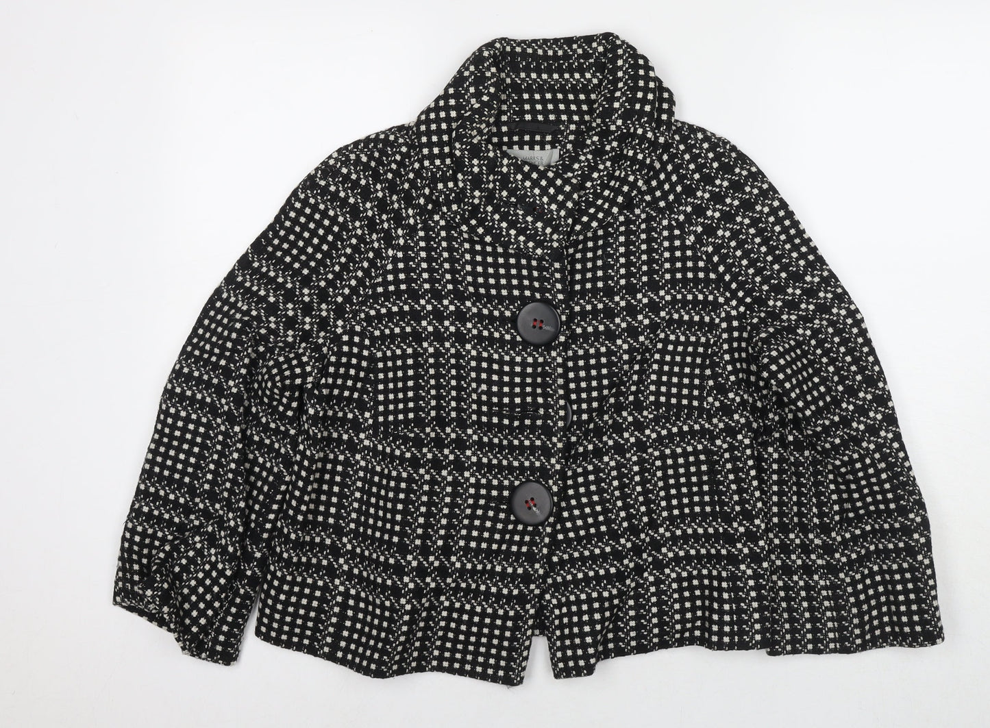 Marks and Spencer Womens Black Check Pea Coat Coat Size 12 Button