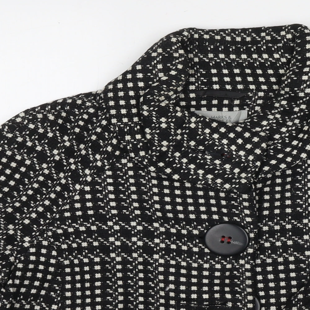 Marks and Spencer Womens Black Check Pea Coat Coat Size 12 Button
