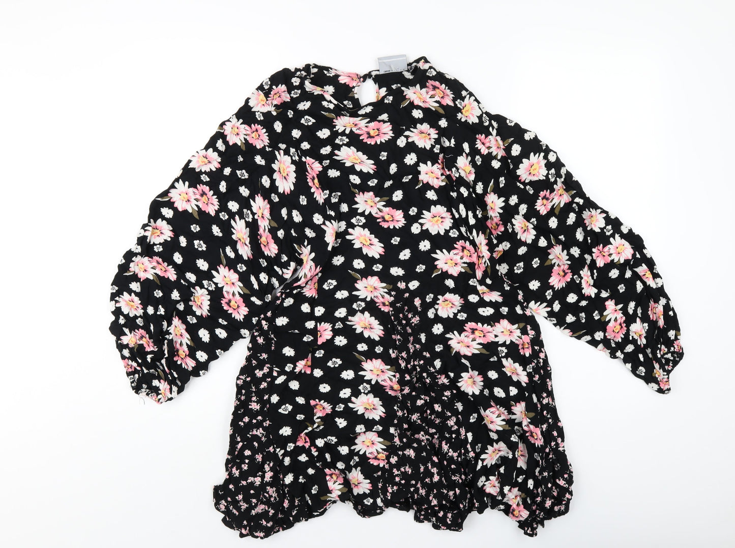 ASOS Womens Black Floral Viscose A-Line Size 10 Round Neck Button