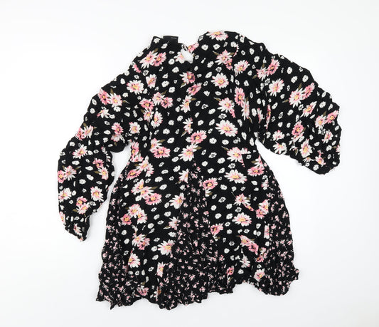ASOS Womens Black Floral Viscose A-Line Size 10 Round Neck Button