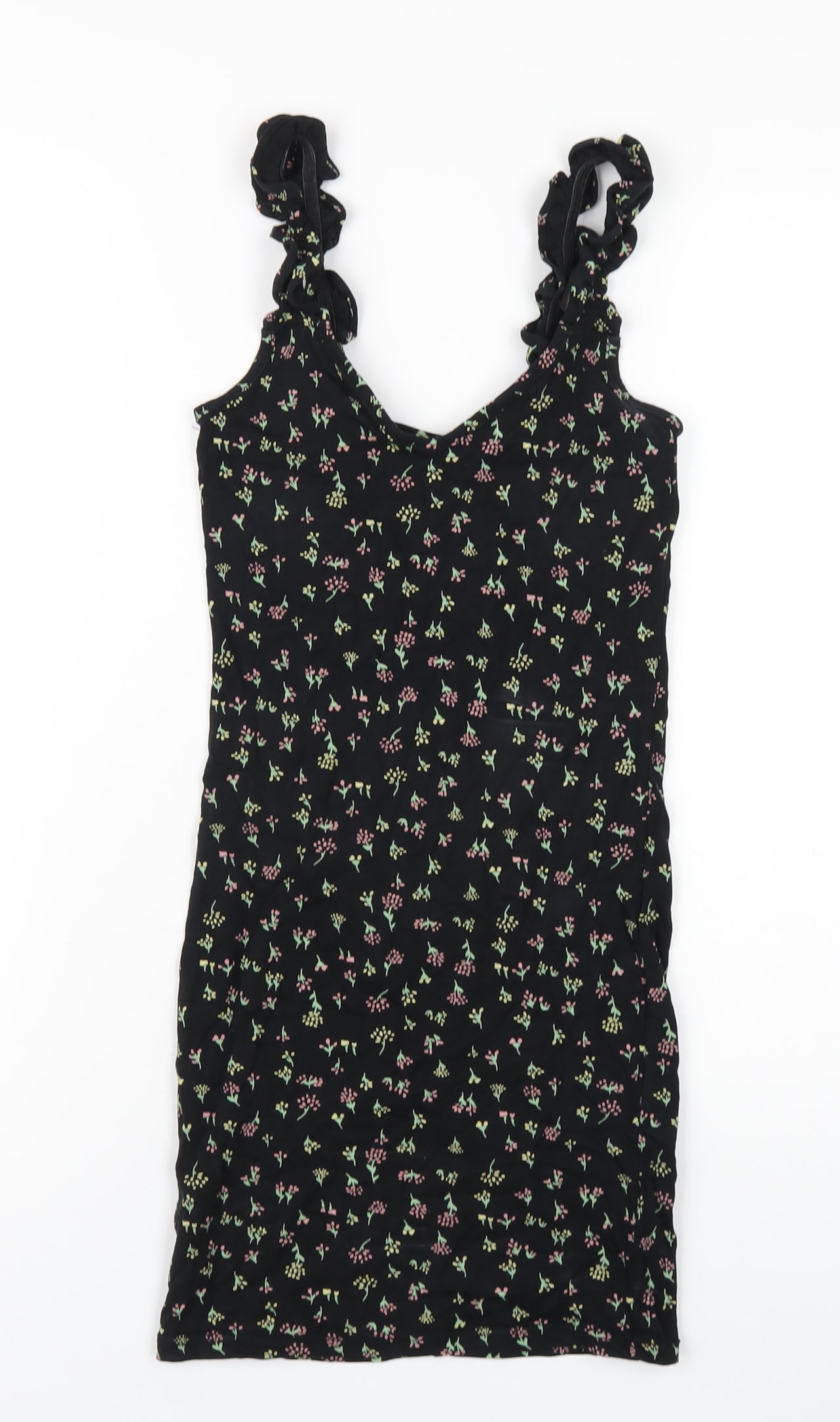 Miss Selfridge Womens Black Floral Viscose Bodycon Size 6 V-Neck Pullover