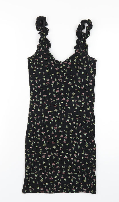Miss Selfridge Womens Black Floral Viscose Bodycon Size 6 V-Neck Pullover