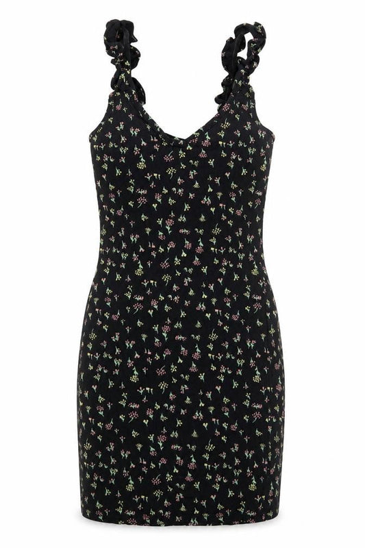 Front view of Miss Selfridge women’s black floral viscose bodycon, size UK 6, v-neck pullover