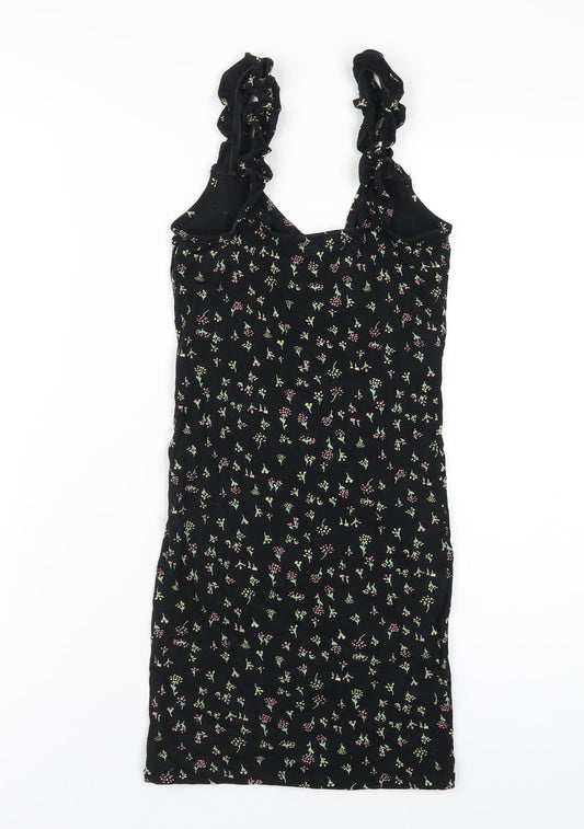 Miss Selfridge Womens Black Floral Viscose Bodycon Size 6 V-Neck Pullover