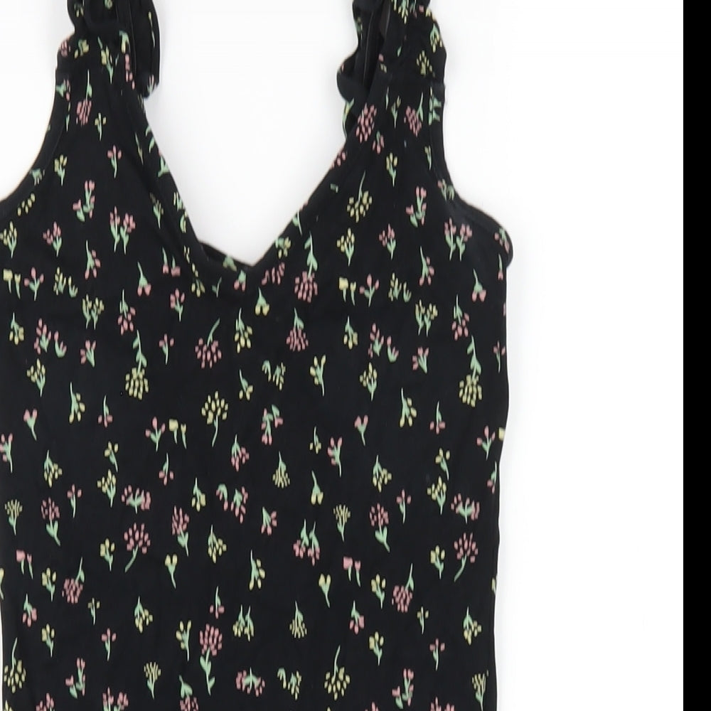 Miss Selfridge Womens Black Floral Viscose Bodycon Size 6 V-Neck Pullover