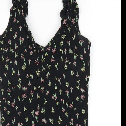Miss Selfridge Womens Black Floral Viscose Bodycon Size 6 V-Neck Pullover