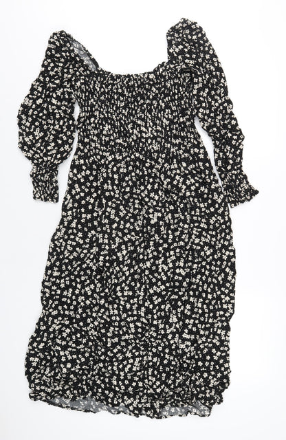 H&M Womens Black Floral Viscose A-Line Size S Square Neck Pullover