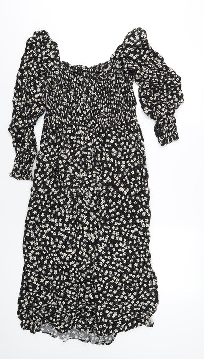 H&M Womens Black Floral Viscose A-Line Size S Square Neck Pullover