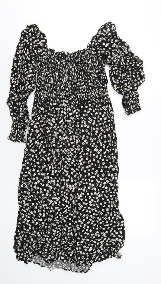 H&M Womens Black Floral Viscose A-Line Size S Square Neck Pullover