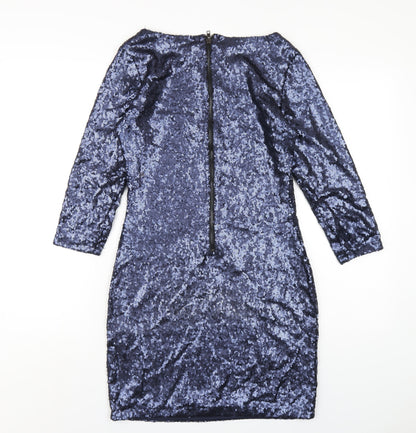Glamorous Womens Blue Polyester Bodycon Size 8 Round Neck Zip - Sequin