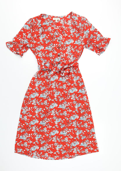 Monteau Womens Red Floral Polyester A-Line Size S V-Neck Button