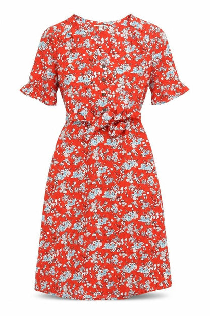 Monteau Womens Red Floral Polyester A-Line Size S V-Neck Button