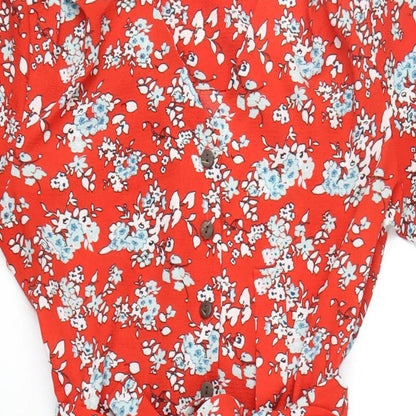 Monteau Womens Red Floral Polyester A-Line Size S V-Neck Button