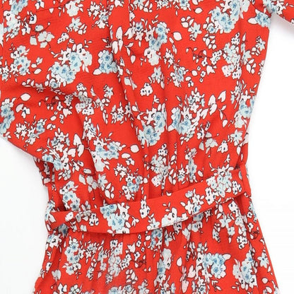 Monteau Womens Red Floral Polyester A-Line Size S V-Neck Button