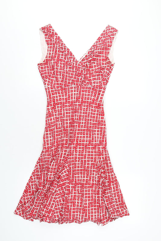 Coast Womens Red Geometric Silk A-Line Size 8 V-Neck Zip