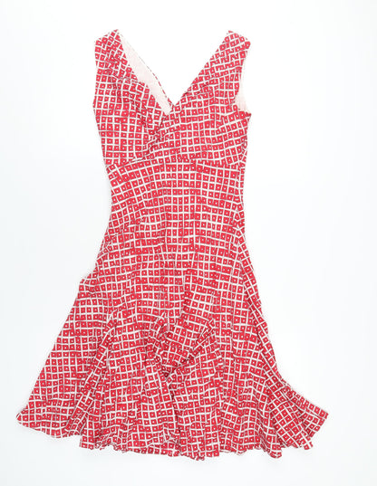 Coast Womens Red Geometric Silk A-Line Size 8 V-Neck Zip