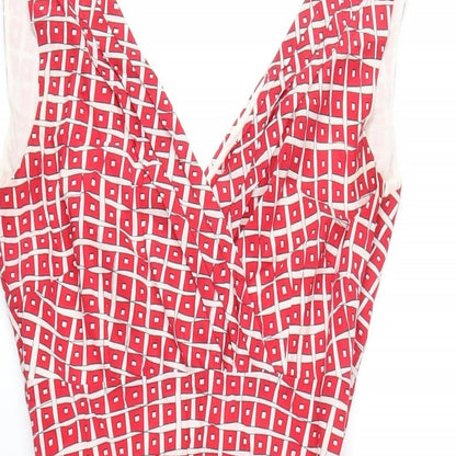 Coast Womens Red Geometric Silk A-Line Size 8 V-Neck Zip