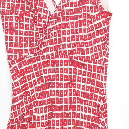 Coast Womens Red Geometric Silk A-Line Size 8 V-Neck Zip