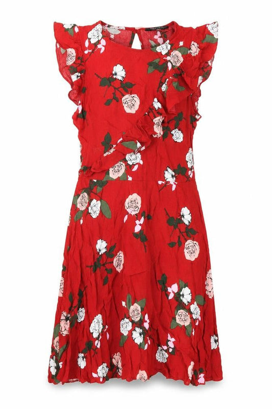 Front view of Miss Selfridge women’s red floral viscose a-line, size UK 10, round neck zip