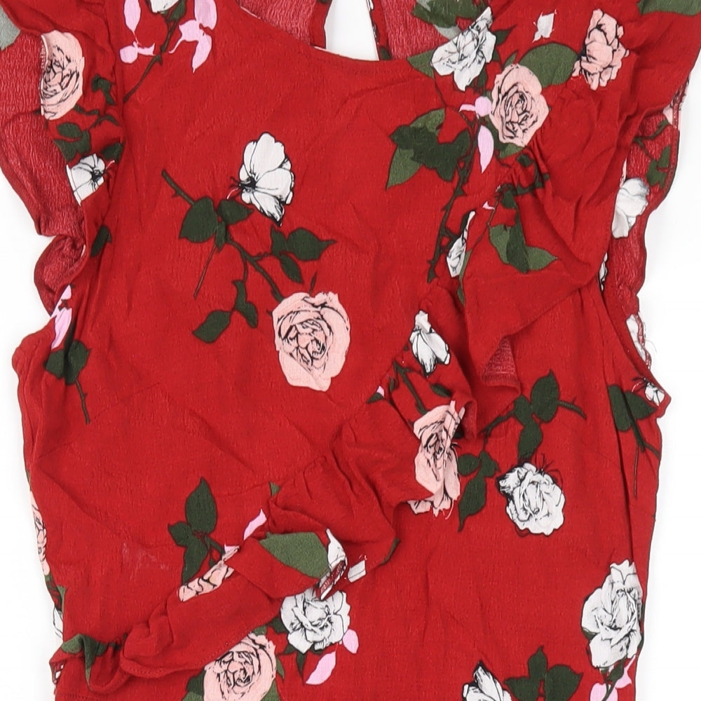 Miss Selfridge Womens Red Floral Viscose A-Line Size 10 Round Neck Zip