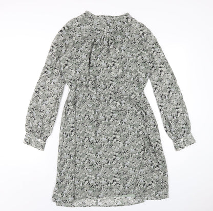 H&M Womens Green Floral Polyester A-Line Size S Round Neck Button