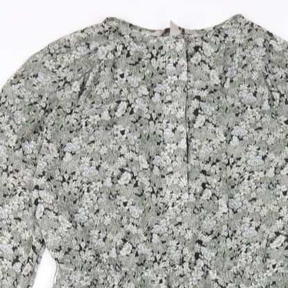 H&M Womens Green Floral Polyester A-Line Size S Round Neck Button
