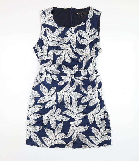 Mela London Womens Blue Geometric Cotton A-Line Size 14 Round Neck Zip